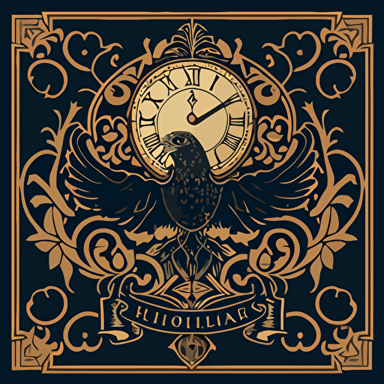 a vector type image of a square shaped ornate clock face with spandrels in the corners. In each spandrel there is an image representing a Hogwarts House. The upper left spandrel has the silhouette of a lion. The upper right spandrel has a silhouette of an eagle. The bottom left spandrel has the silhouette of a snake. The bottom right spandrel has a silhouette of a badger.