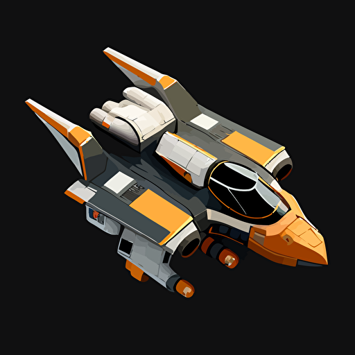 space ship from the Battlestar Galactica universe, top down, isometric, orange and grey, black background, minimalistic, vector
