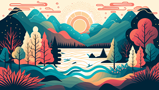 retro lake abstract landscape art, vector, contour