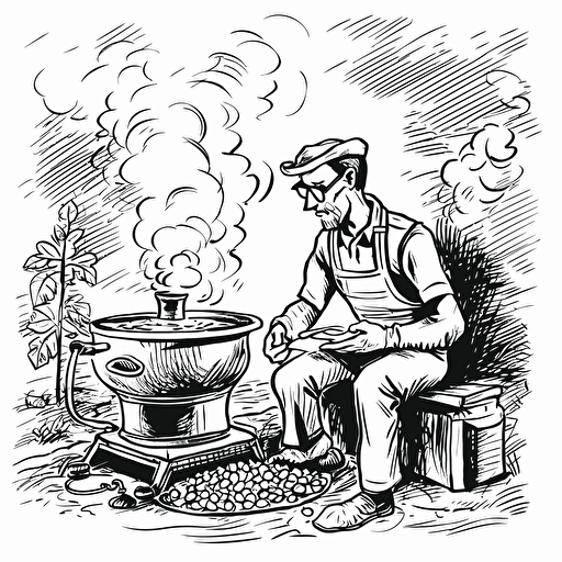 man roasting coffee beans, in the style of meticulous inking, vector, monochromatic, letterboxing, whimsical and lively, cartoon mis-en-scene