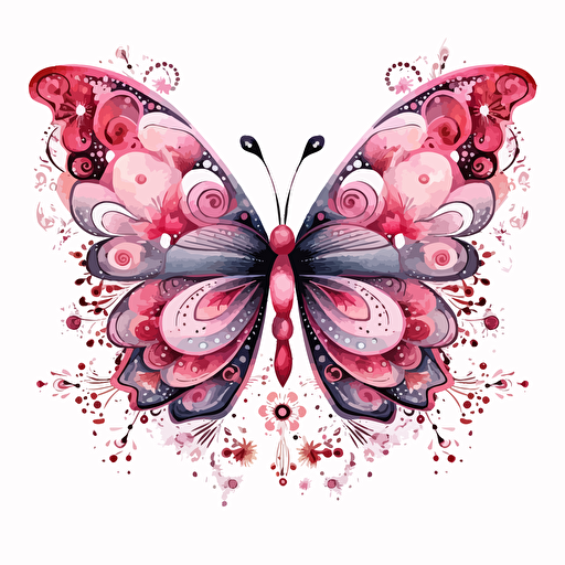 whimsical floral butterfly design in Pink, watercolor, detailed, vector