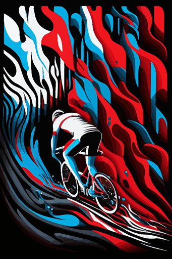 abstract mountain bike, blue, red and white colors, pop art deco illustration, hand vector art, black background,