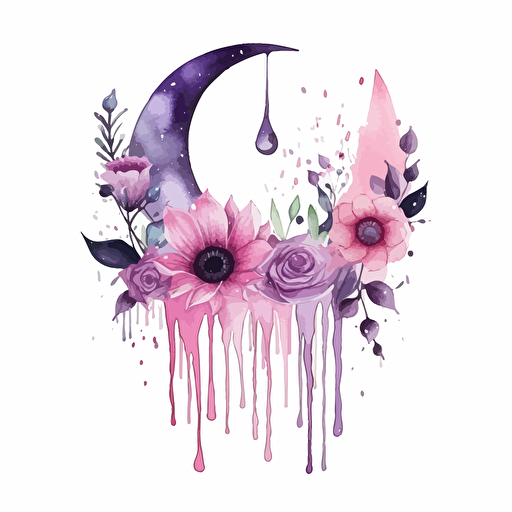 crecent moon with flowers and dripping crystals pinks purples white background vector
