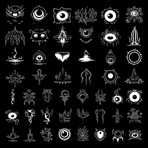a black vector icon, obscure, magical, sigil, never before seen and unique style of 2d vector sigil illustration ::sprite sheet