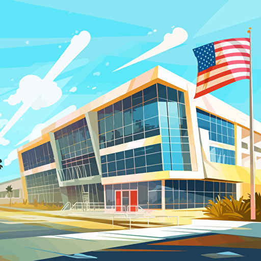 vector art of a futuristic school building with an american flag, the building has lots of large glass window, it's a beautiful sunny day