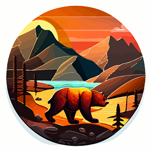 A coin emblem with a Bear in an action pose, dynamic, fast pace action:: background of mountains, color, vector, ar 5:3, c 100