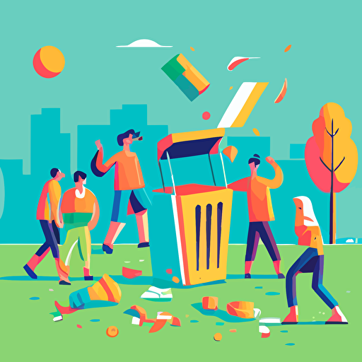 vector illustration of a social district, people drinking, people talking, a person throwing trash on the ground, a person throwing their trash in a receptacle, blue sky, green grass, yellow receptacle