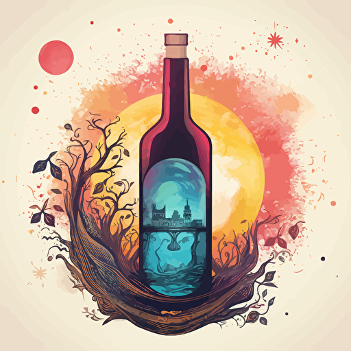 wine label, digital illustration, fine art, pathfinder edition, simple vector, magical, colorfull