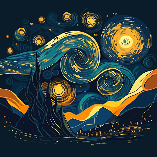 Produce a vector art version of "The Starry Night" by Van Gogh in a modern, abstract style, focusing on the movement and energy of the original piece.