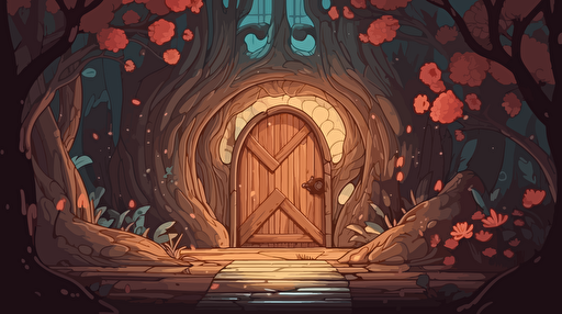 Cozy fantasy Large curved wooden doorframe with portal inside leading to other dimension with colorful flowers and trees with leaves blowing through the doorway. Vector illustration. 2D hand drawn cartoon animation style with bright colors.
