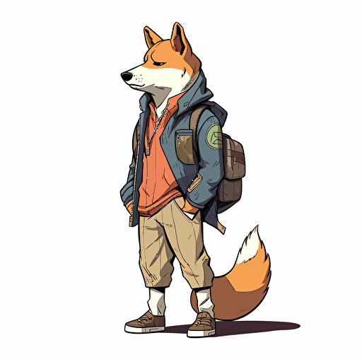 2/ 3 left side profile shot, cartoon 2d, Shiba Inu chav outfit, cartoon anime, colors, surreal, Vector illustration, white background