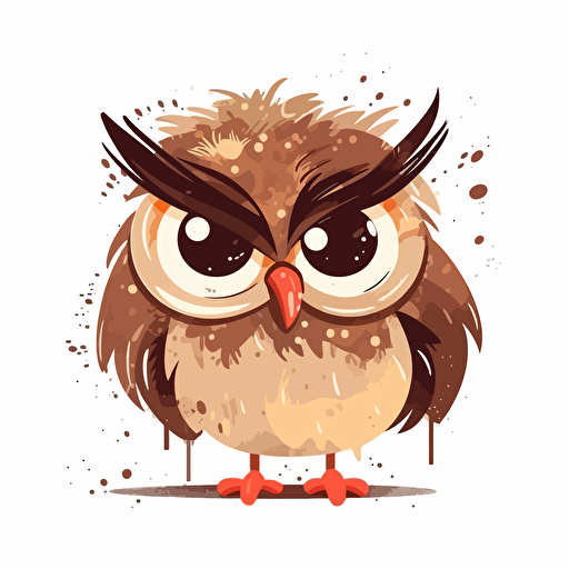 grumpy messy little owl, in style of young children's book, vector, isolated on white