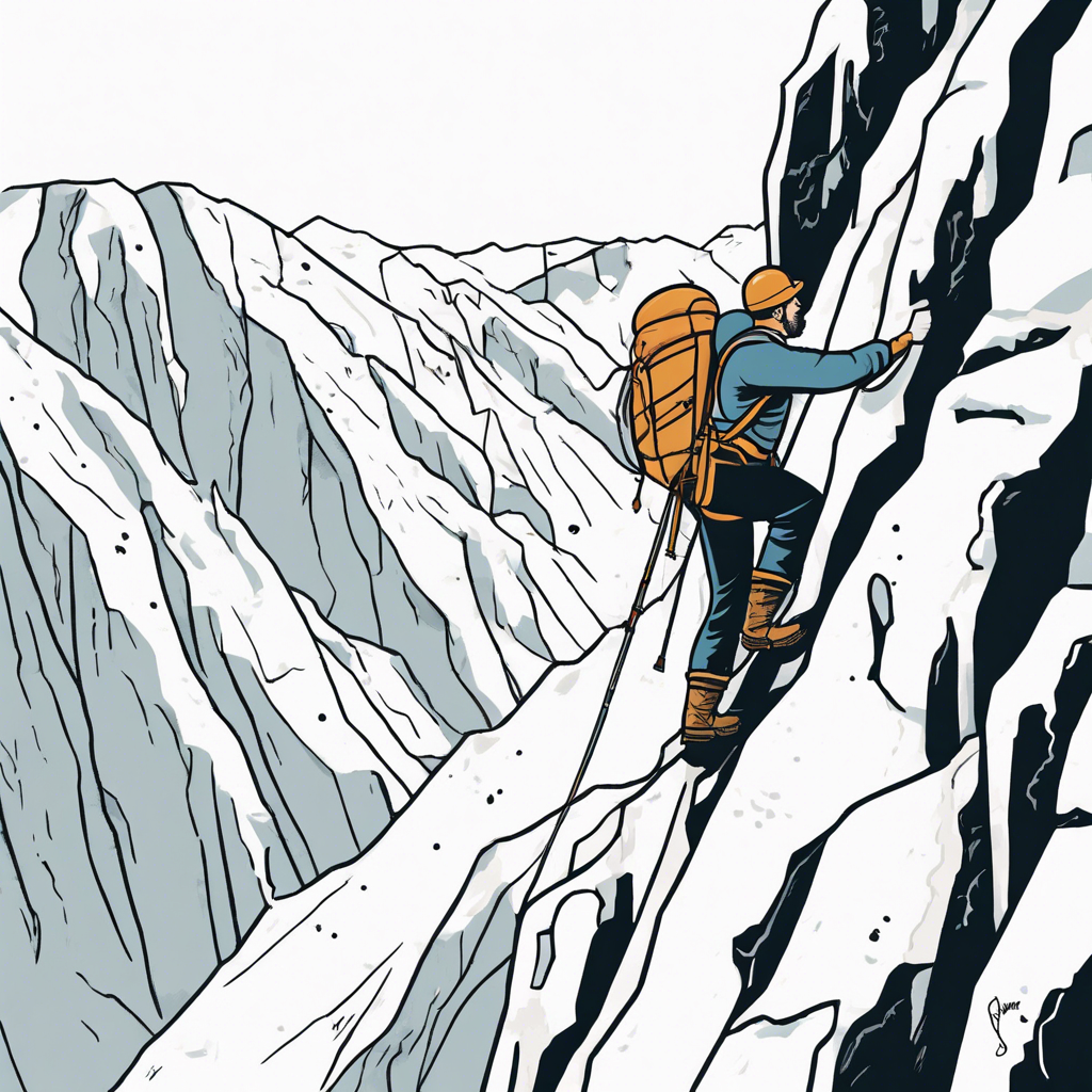 A mountaineer climbing an icy cliff., illustration in the style of Matt Blease, illustration, flat, simple, vector