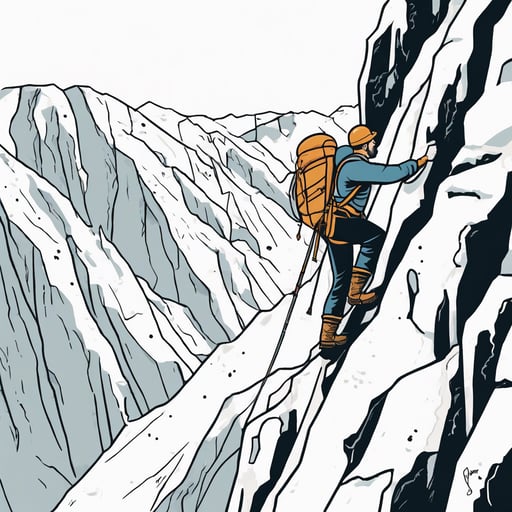 A mountaineer climbing an icy cliff.