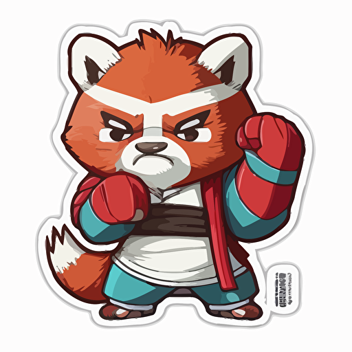 sticker, happy red panda in katate outfit doing karate, colorful, kawaii, vector, contour, white background