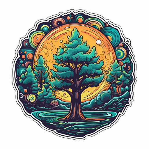 Vector sticker for a forest themed gift shop realistc, trippy, professional, white background, happy, bright colors, the moon, swirls, sacred shapes