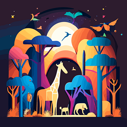 Minimalistic, vector illustration, zoo background, mystical, vibrant colors, rolling sky
