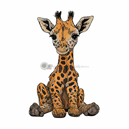 handdrawn cute sitting baby giraffe clipart, flat vector art, black clean outline, natural colours, symmetrical, isolated white background