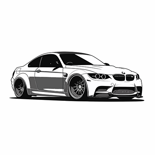 Black and white Flat vector 2D, a 2010 BMW coupe, lowered suspension, black and white, vector logo design logo