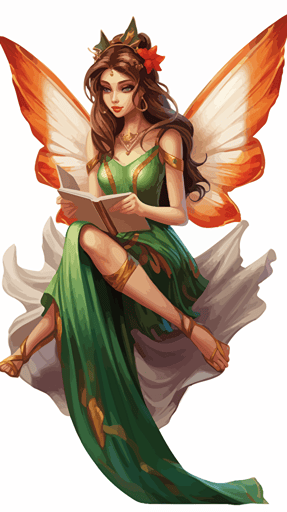 adult vector cartoon A very attractive female fairy reading from arcane book