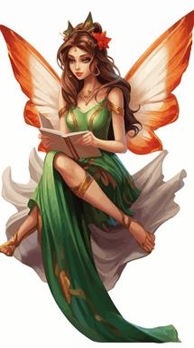 adult vector cartoon A very attractive female fairy reading from arcane book