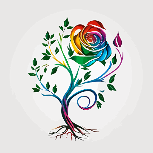 a vector art logo incorporating a willow tree and a rainbow colored rose, simple, white background