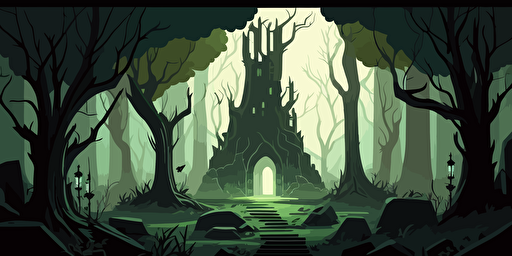 Background, environment, battleground, fantasy, green, forest, monster, large platform in center, wild environment, dark fantasy, green and black color scheme, vector, flat design