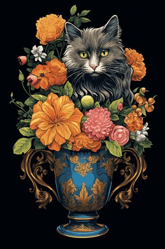 colorful svg vector drawing, a beautiful cat lies near a vase full of flowers