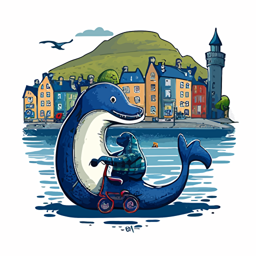 loch ness monster in bad part of the city riding a tricycle, vector logo, vector art, emblem, simple cartoon, 2d, no text, white background