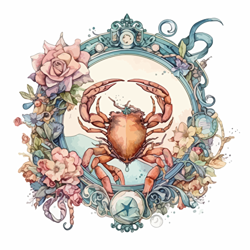 Whimsical Victorian Rococo zodiac cancer, detailed, cartoon style, 2d watercolor clipart vector, creative and imaginative, hd, white background