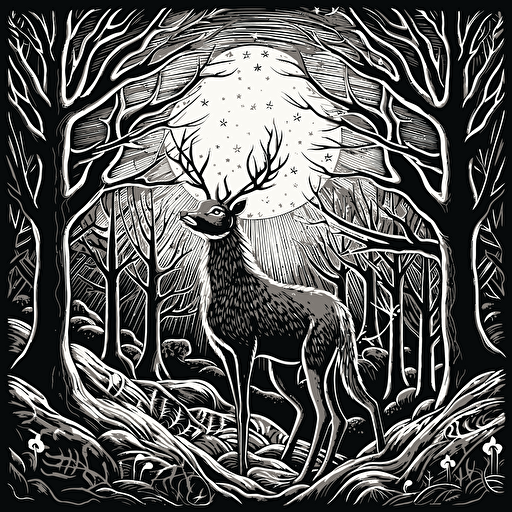 squirrel with elk antlers, black and white Illustration, simple vector, iconic ::woodcut style