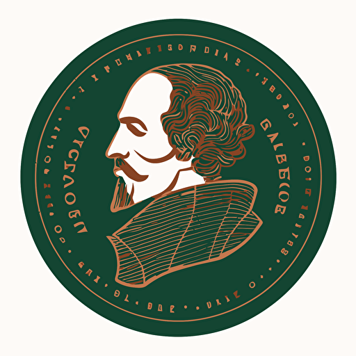 2-dimensional, 2 colors, minimalist vector logo of an English penny with Shakespeare’s face in profile that says “The Poor Players” around the edges