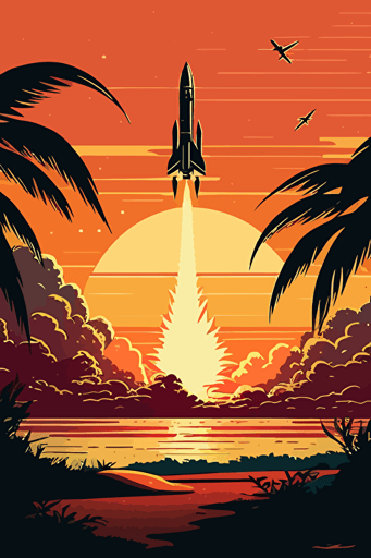 Rocket launching with sunset in background, 1970's style vector art