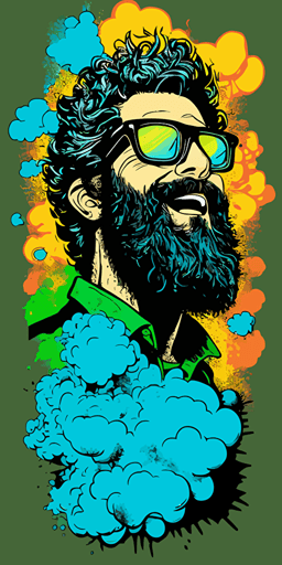 very happy man with sunglasses et a beard smoking sativa thc cloud vape, green background vibrant color vector style pop comics art style::