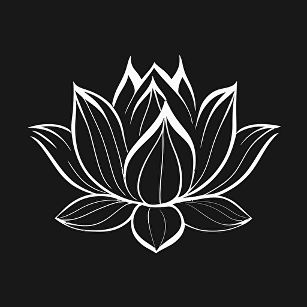 simple iconic logo of a lotus flower, white vector on black background