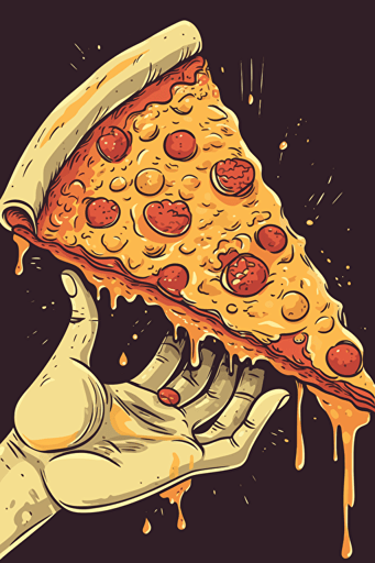 a perfect hand offering a big cheesy slice of pizza, cartoon style, vector art, by Hannah Barbara and John K., in the style of Ren & Stimpy