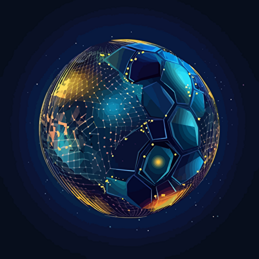 globe with some combs of a soccer ball, colours indigo, azure and gold, futuristic, galactic, vector