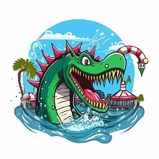 punk rock lochness monster at a water park, vector logo, vector art, emblem, simple cartoon, 2d, no text, white background