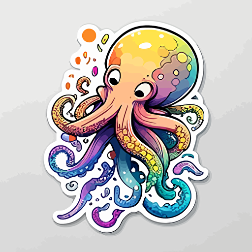 Octopus, Sticker, Joyful, Flashy Colors, Anime, Contour, Vector, White Background, Detailed