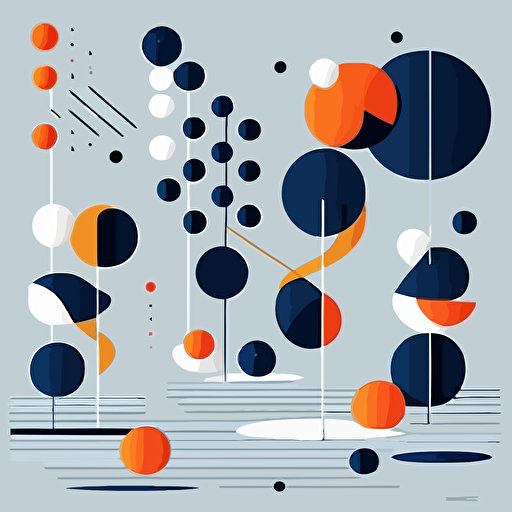 Create a vector illustration that visually portrays the transformation process from atoms to pixels as an evolutionary journey. Utilize a dark blue color palette and flat vector shapes, drawing inspiration from the iconic style of alexander calder. Experiment with different shapes and sizes to create a dynamic and engaging visual effect that captures the essence of this transformation.