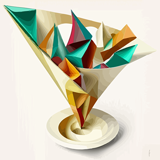 vector illustration of a colorful funnel shaped structure, in the style of crystal cubism, white background, paper sculptures, balanced asymmetry, gemstone, folded planes, figuratively textured