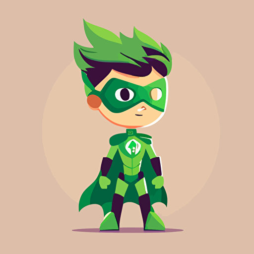 simple funny kid style vector illustration of superhero Eco Man, in the superhero costume, green colors, minimum details flat design