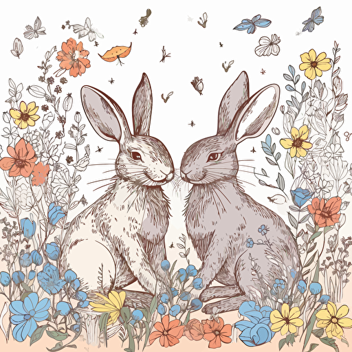 bright pastel colored rabbits on a white background with colorful wildflowers growing around it + detailed doodle style + white background + simple vector + bright pastel colors