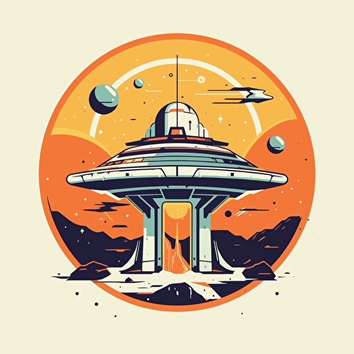 vector art of space ship in building process, simple colors, logo
