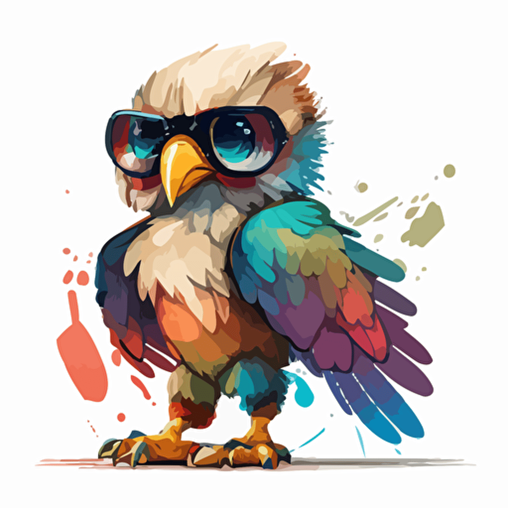 a very cute baby eagle wearing very big sunglasses dressed up as a marine , as a cartoon type, as a vector, white background, bright graffiti colors