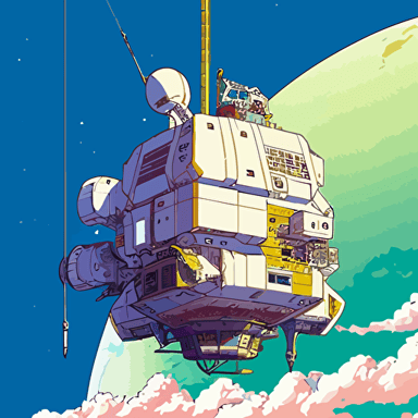 a comm satellite in space above atmosphere very far distance, style of geof darrow, vector, fine line, 80s style robotech anime, flat color, 80's anime coloring, dark