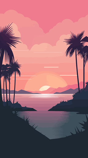 a minimalist vector illustration of a south florida golf course at sunrise, palm trees and ocean in the background, miami vice style colors