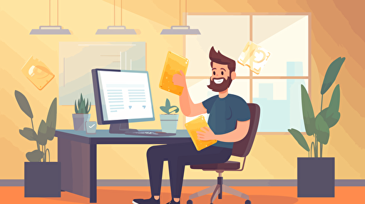 vector art of programmer holding money and happy while in a programming office , 2d , details ,