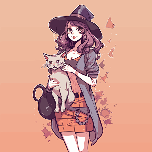 An 2D illustration of a cute witch wear a witch hat and modern clothes, holding a cat, magic color, flower in back. comic book style, crisp clean vector