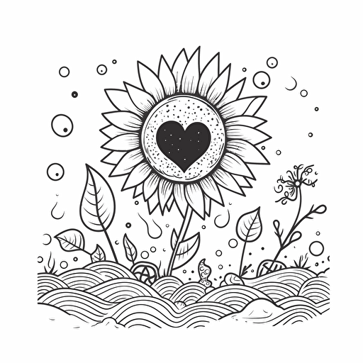 a heart vector with black outline, and inside the heart there will be a smiling sunflower in cartoon style, swimming in the sea, minimal illustration, cartoon style in black and white